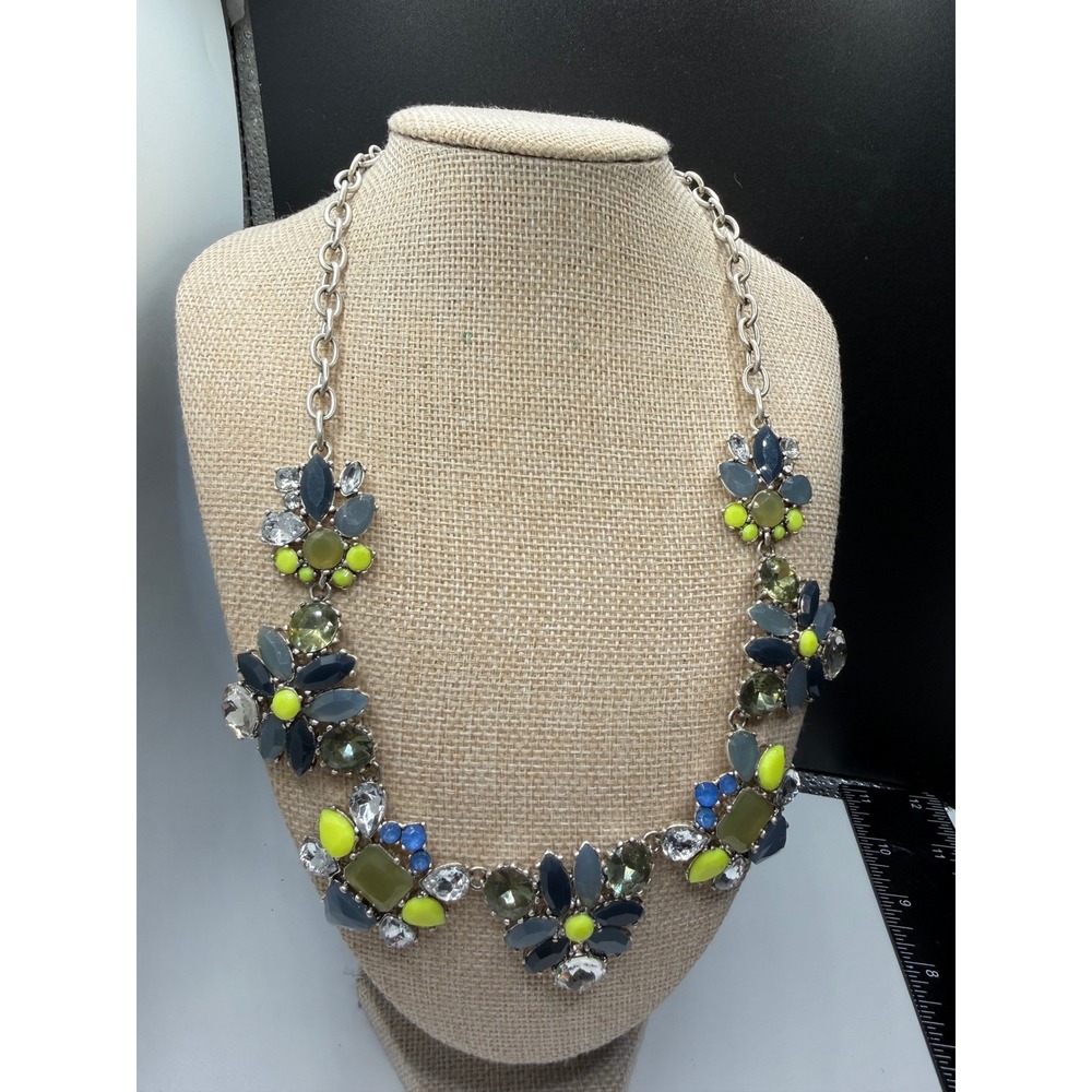 Stella & Dot Statement Necklace Floral Crystal Neon Yellow Blue Silver Tone Bib